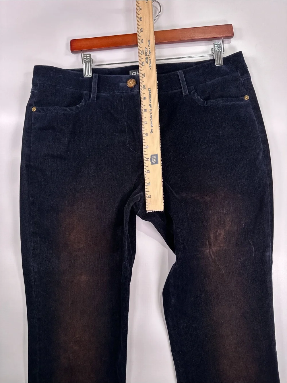 Chanel 17A CC Lion Button Straight Leg Velvet Pants Navy Blue FR 46